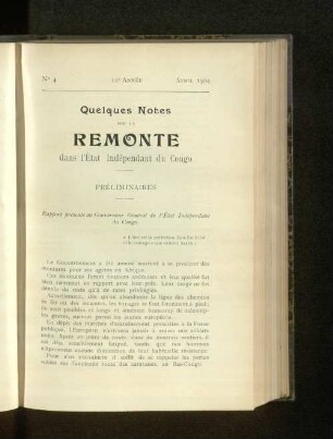 Quelques Notes sur la Remonte dans l'État Indépendant du Congo.