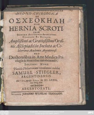 Disputatio Inauguralis Medico-Chirurgica De Oscheokēlē Sive Hernia Scroti