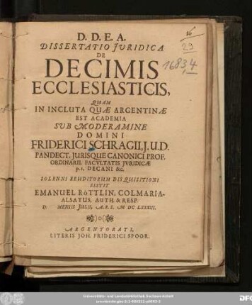 Dissertatio Iuridica De Decimis Ecclesiasticis