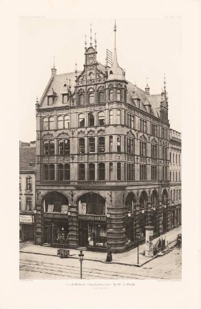Geschäftshaus Ascher & Münchow, Leipziger Straße, Berlin: Ansicht (aus: Atlas zur Zeitschrift für Bauwesen, hrsg. v. Ministerium der öffentlichen Arbeiten, Jg. 40, 1890)