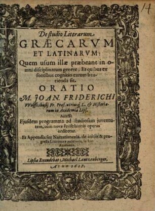 De studio literarum Graecarum et Latinarum ... : Oratio ...