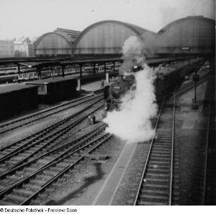 Frankfurt am Main. Hauptbahnhof. Bahnsteighalle mit ausfahrendem Zug von Südwesten