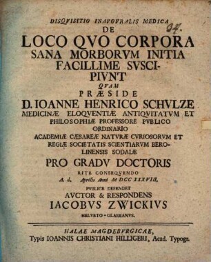 Disqvisitio inavgvralis medica de loco qvo corpora sana morborvm initia facillime svscipivnt