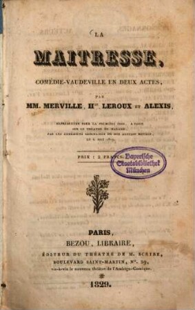 La maîtresse : comédie-vaudeville en deux actes