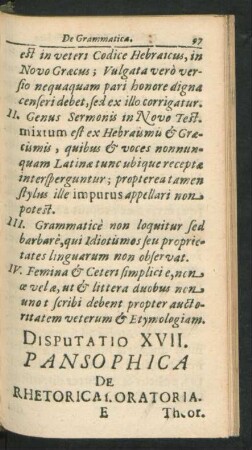 Disputatio XVII. Pansophica De Rhetorica s. Oratoria. Respondente Christianus Zastro