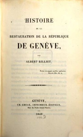 Histoire de la restauration de la république de Genève
