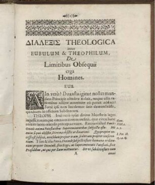 Dialexis Theologica inter Eubulum & Theophilum, De Limitibus Obsequii erga Homines.