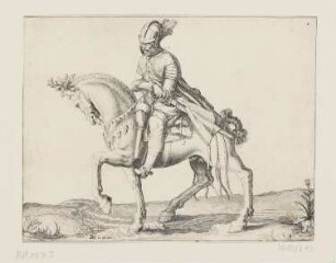 Kavallerist in voller Rüstung zieht sein Schwert, Blatt 8 der Folge "Reitschule oder Übungen der Kavallerie"