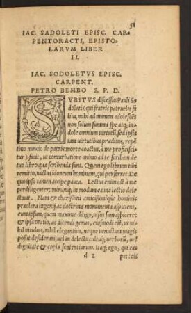 Iac. Sadoleti Episc. Carpentoracti, Epistolarum Liber II.