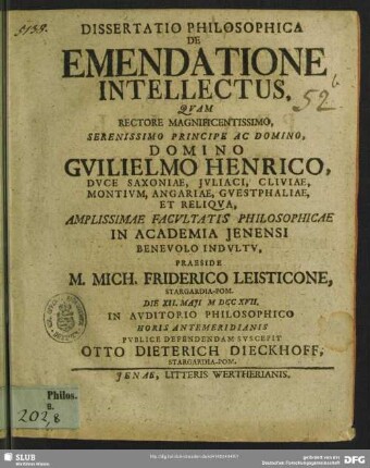 Dissertatio Philosophica De Emendatione Intellectus