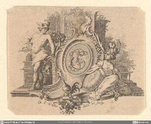 [Vignettte: Hermes = Merkur neben einer Wappentafel mit verschlungenen Initialen)