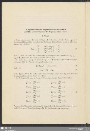 I. Approximierung des Regionalfeldes der Schwerkraft mit Hilfe des Kurvensystems des Polynoms dritten Grades