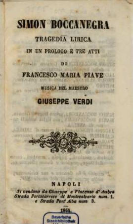 Simon Boccanegra : tragedia lirica in un prologo e tre atti