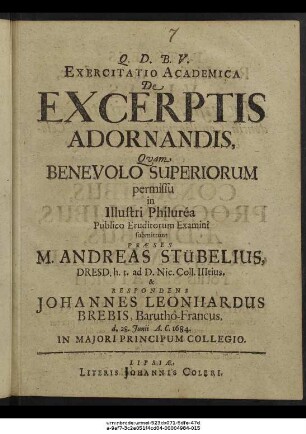 Exercitatio Academica De Excerptis Adornandis