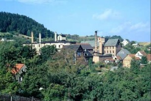 Blick über den Ort; Gärten, Fabrik mit Schornstein, Häuser