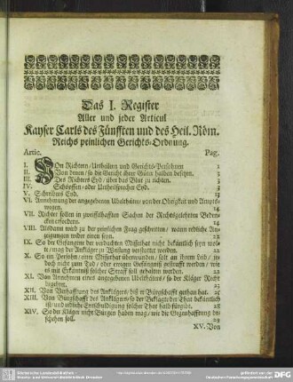 Das I. Register Aller und jeder Articul Kayser Carls des Fünfften und des Heil. Röm. Reichs peinlichen Gerichts-Ordnung