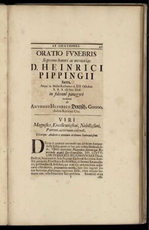 Oratio Funebris Supremo honori ac memoriae ...