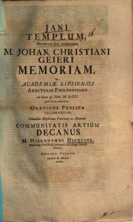 Iani templum duodecim aris conspicuum : M. Johan. Christiani Geieri memoriam ... oratione publica celebrandam