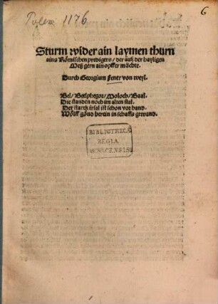 Sturm wider ain laymen thurn ains Römischen predigers, der auß der hayligen Meß gern ain opffer mächte