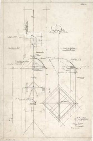 Gsaenger, Gustav; München - Solln; Ev. Apostel Kirche, Pfarrhaus und Jugendheim - Glockentürmchen im Gemeindesaal (Ansichten,Schnitte)