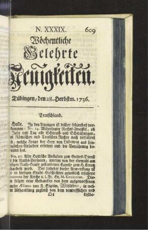 N. XXXIX. Tübingen, den 28. Herbstm. 1736