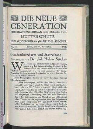 Strafrechtsreform und Abtreibung : Eine Enquête