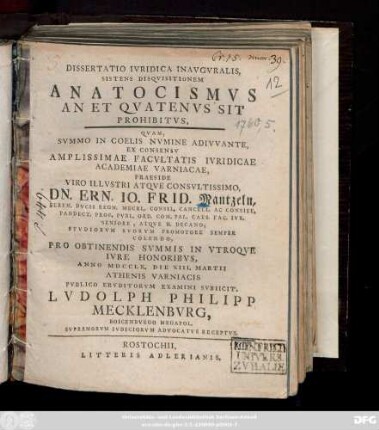 Dissertatio Ivridica Inavgvralis, Sistens Disqvisitionem Anatocismus An Et Qvatenvs Sit Prohibitvs