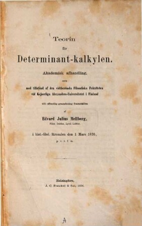 Teorin főr Determinant-kalkylen : (Doctordiss.)