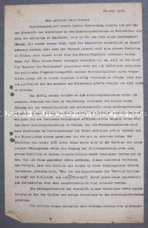 Begleitschreiben an Hitler zur Übersendung einer Kopie des Schreibens an Bünger - Personenkonvolut