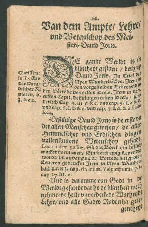 Van dem Ampte/ Lehre/ und Wetenschop des Meisters David Joris.