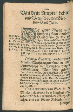 Van dem Ampte/ Lehre/ und Wetenschop des Meisters David Joris.