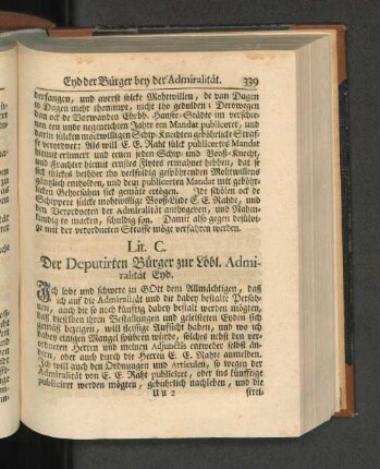 Lit. C. Der Deputirten Buerger zur Loebl. Admiralität End.