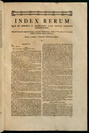 1-180, Index Rerum. Quae in Omnibus Z. Bernardi van Espen Operibus Reperiuntur
