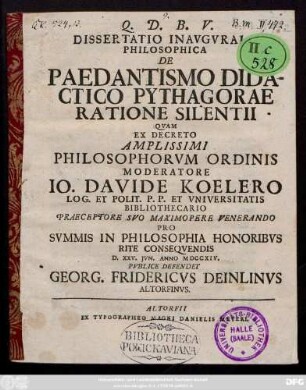 Dissertatio Inavgvralis Philosophica De Paedantismo Didactico Pythagorae Ratione Silentii