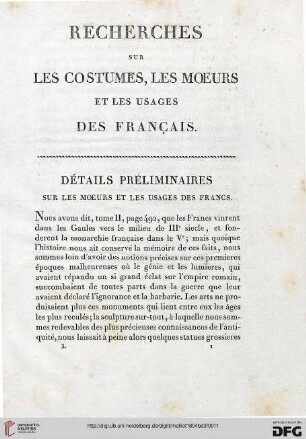 Détails préliminaires sur les moeurs et les usages des Francs