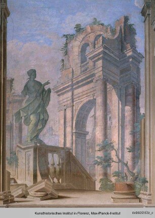 Freskendekoration mit Ruinenlandschaft und Statuen
