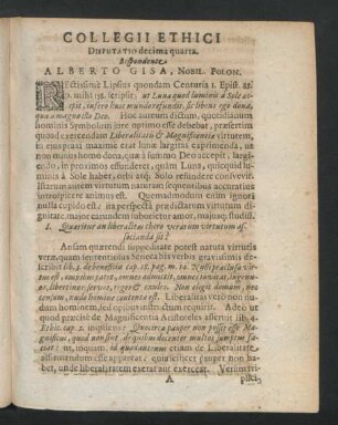 Collegii Ethici Disputatio decima quarta. Respondente Alberto Gisa.