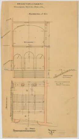 Thiersch, Friedrich von; München; Münchner - Kindl - Keller, Erweiterungsbau - Haupttreppe (Grundriss, Schnitt)