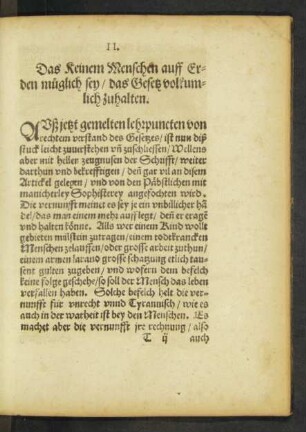 II. Das Keinem Menschen auff Erden müglich sey/ das Gesetz volkumlich zuhalten.