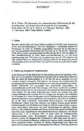Rezension von Mi-Ae Cheon: Zur Konzeption eines phraseologischen Wörterbuchs für den Fremdsprachler. Am Beispiel Deutsch-Koreanisch. (Lexicographica: Series Maior 89)
