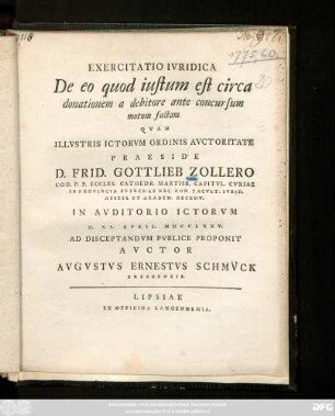 Exercitatio Ivridica De eo quod iustum est circa donationem a debitore ante concursum motum factam