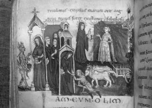 Vita Sancti Martini — Ein Mann von Ochsen verletzt; Sankt Martin redet mit dem Teufel;, Folio 49 verso