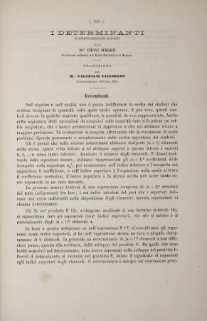 I determinanti elementarmente esposti; Otto Hesse (traduzione dal tedesco Valeriani Valeriano).