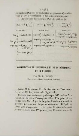 Construction de l'hyperbole et de la développée de la parabole.