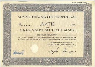 Aktie der Stadtsiedlung über 100 DM Nr. 1301 ausgestellt für die Handels- und Gewerbebank