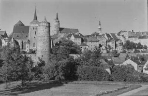 Bautzen. Stadtpanorama mit Wasserkunst, Michaeliskirche und Dom