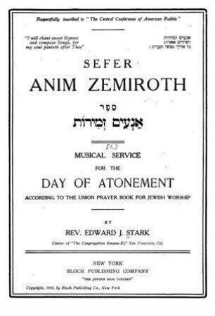 Musical service for the Day of Atonement : according to the union prayer book for jewish worship / by Edward J. Stark