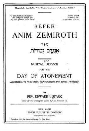 Musical service for the Day of Atonement : according to the union prayer book for jewish worship / by Edward J. Stark