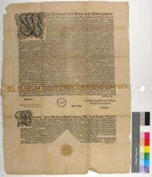 Bekanntmachung des Generalmandats von Ferdinand II. Kaiser des Heiligen Römischen Reiches vom 22. November 1627 gegen übermäßige Lustbarkeiten bei Kindstaufen, Hochzeiten und anderen Feierlichkeiten