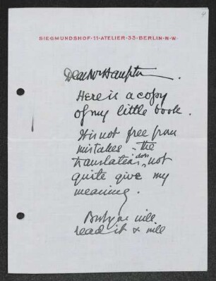 Brief von Edward Gordon Craig an Gerhart Hauptmann